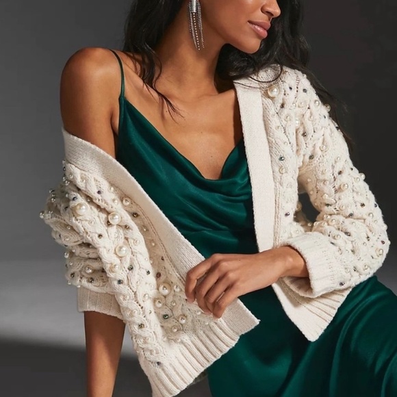 Maeve By Anthropologie Ivory Kimono in Things Embellished Party Pearl Cardigan - Picture 1 of 14